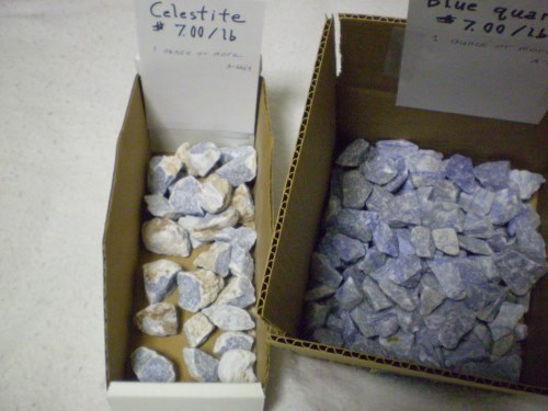 Tumblable celestite and sodalitic blue quartz.
